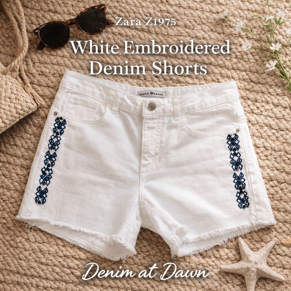 🤍 Zara Z1975 White Denim Shorts with Navy Embroidery